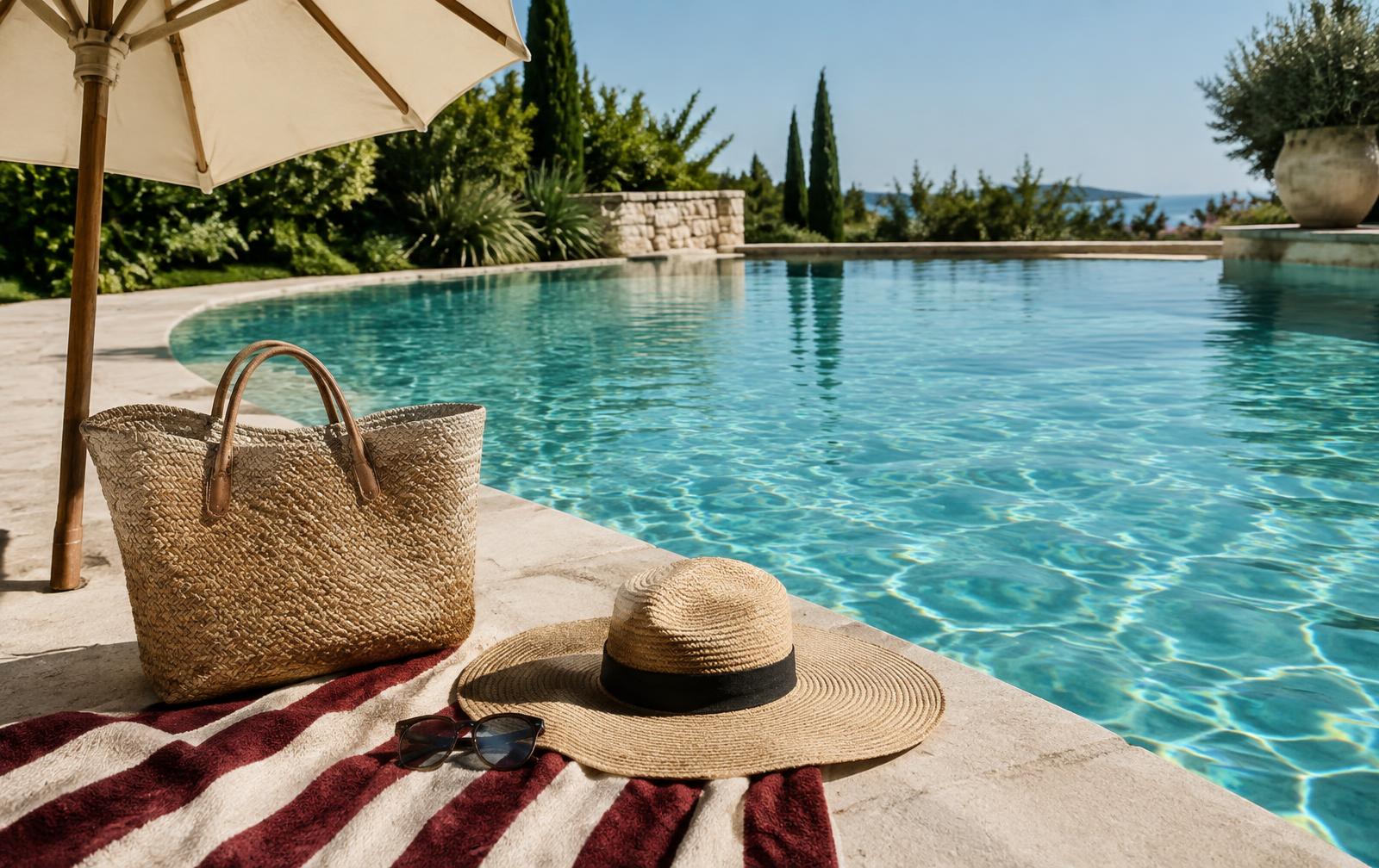 A straw tote, sun hat and striped towel beside a pool
